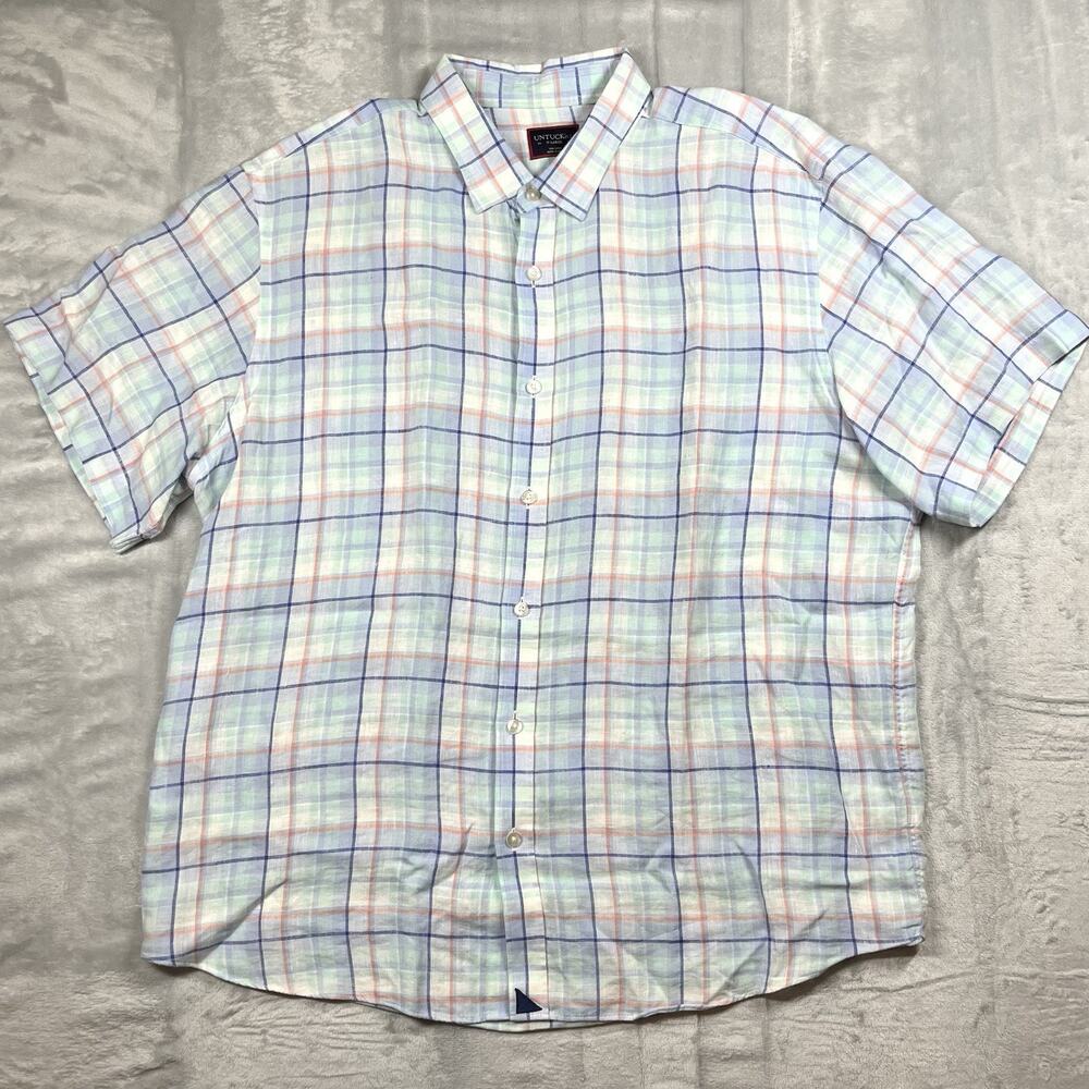 UNTUCKit Light Blue Pastel Plaid Linen Short Sleeve Button Down Shirt Mens XL